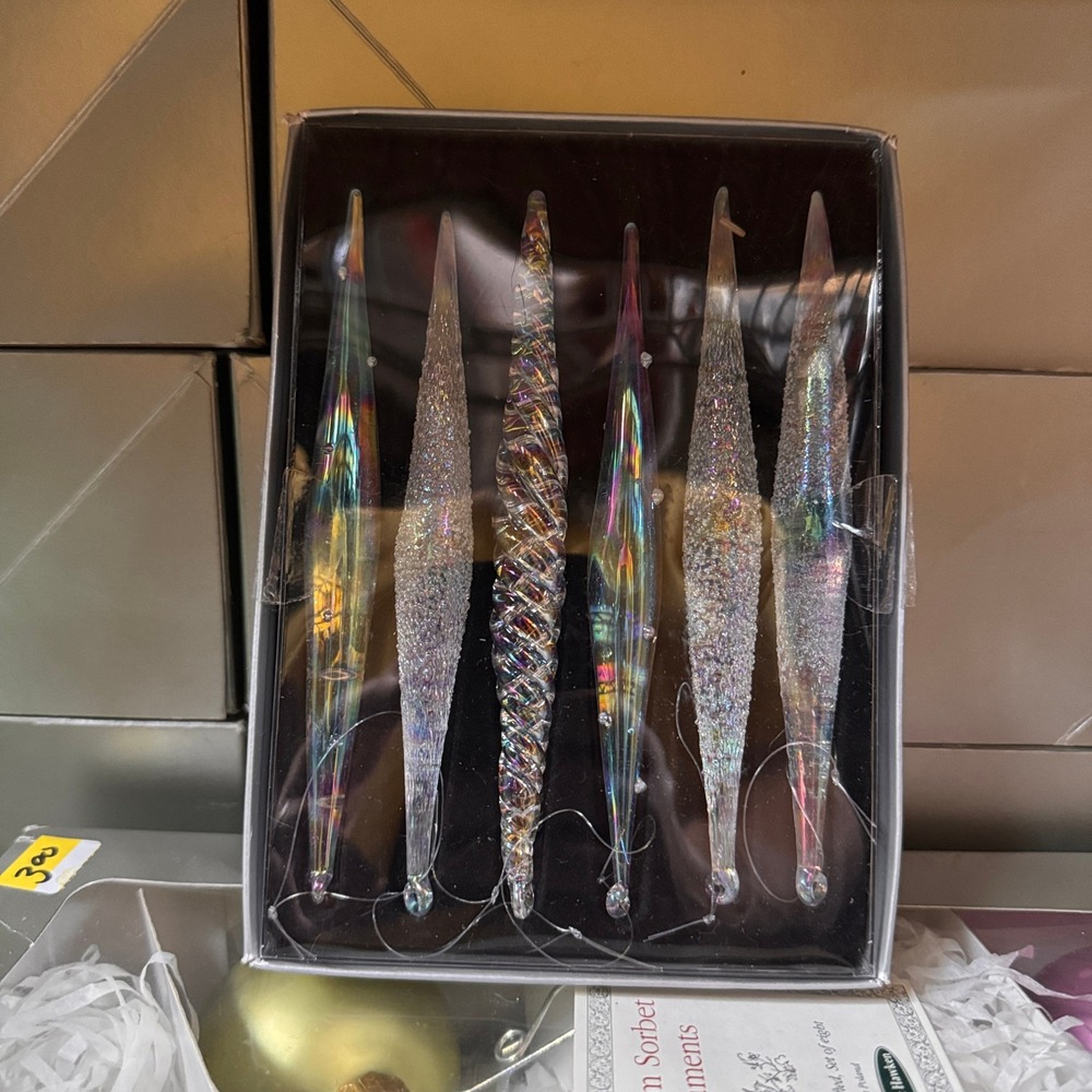 Pier 1 Imports Iridescent Glass Icicle Ornaments 6pc Set Twisted Frosted
